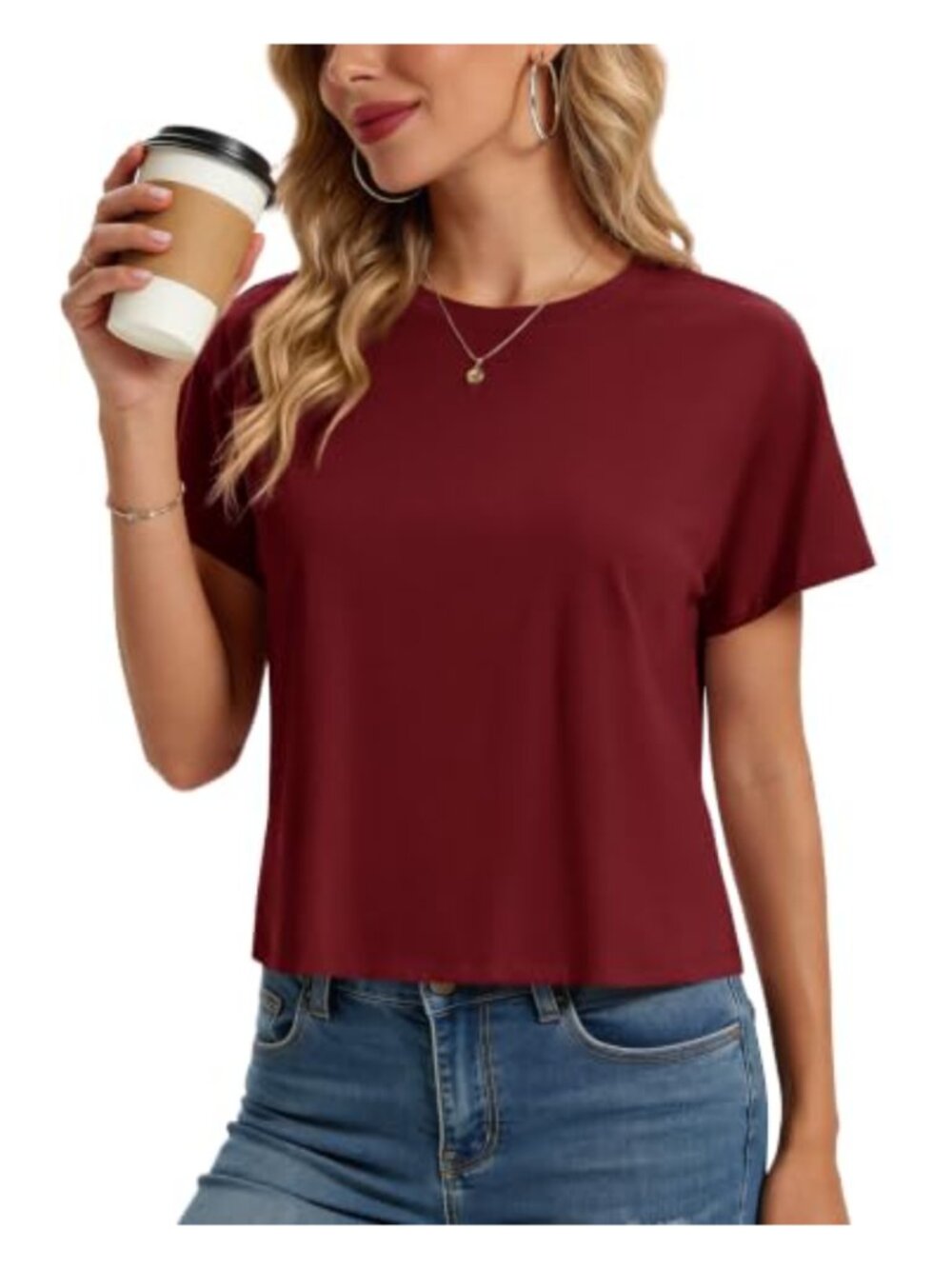 Women's Cotton Blend Crop Top Crew Neck Short Sleeve Casual Activewear Tee